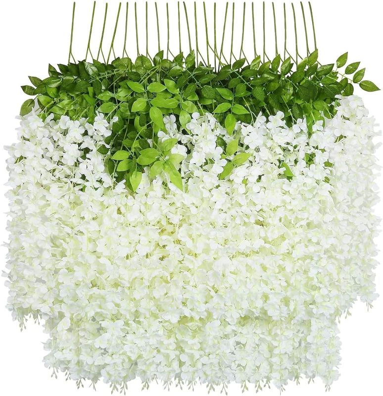 Photo 1 of U'Artlines 24 Pack (Total 86.4 Feet) Artificial Fake Wisteria Vine Rattan Hanging Garland Silk Flowers String Home Party Wedding Decor (24, White) 