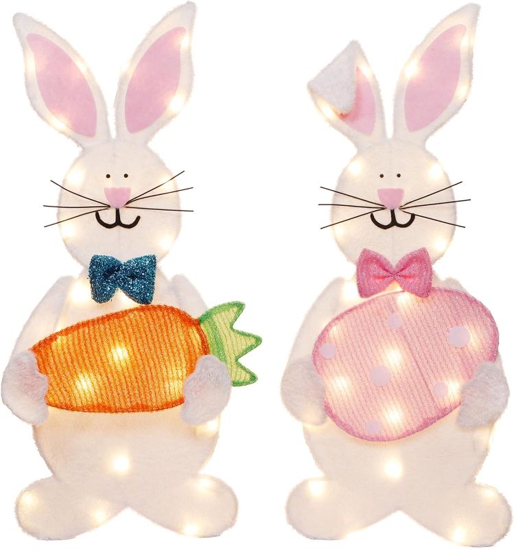 Photo 1 of Sancodee Lighted Easter Bunny Decoration, Pre-lit 2D Plush Rabbit with Carrot and Egg, Easter Decor for Indoor Outdoor Home Yard Patio Lawn Garden