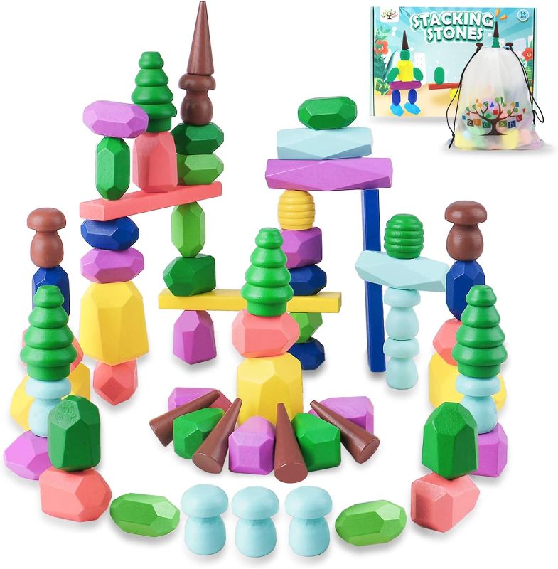 Photo 1 of Toys for 3 Year Old Boys Girls, 36 PCS Colorful Wooden Sorting Stacking Rocks, Sensory Toys for Toddlers 3-4 Montessori Building Blocks for Kids Ages 4-8, Preschool Learning Activities for Home School