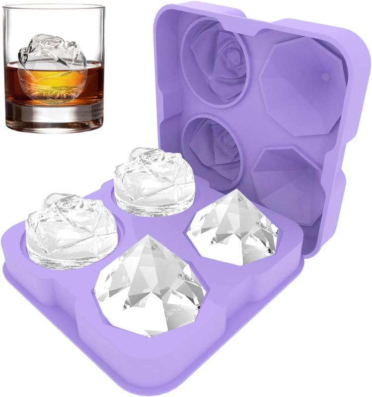 Photo 1 of Ice Cube Tray, HANCELANT 2.5inch Ice Cube Molds, 2 Cavity Silicone Rose & 2 Diamond Ice Ball Maker, Easy Release Large Ice Cube Form for Chilling Cocktails, Whiskey, Bourbon & Homemade Juice 1 Purple
