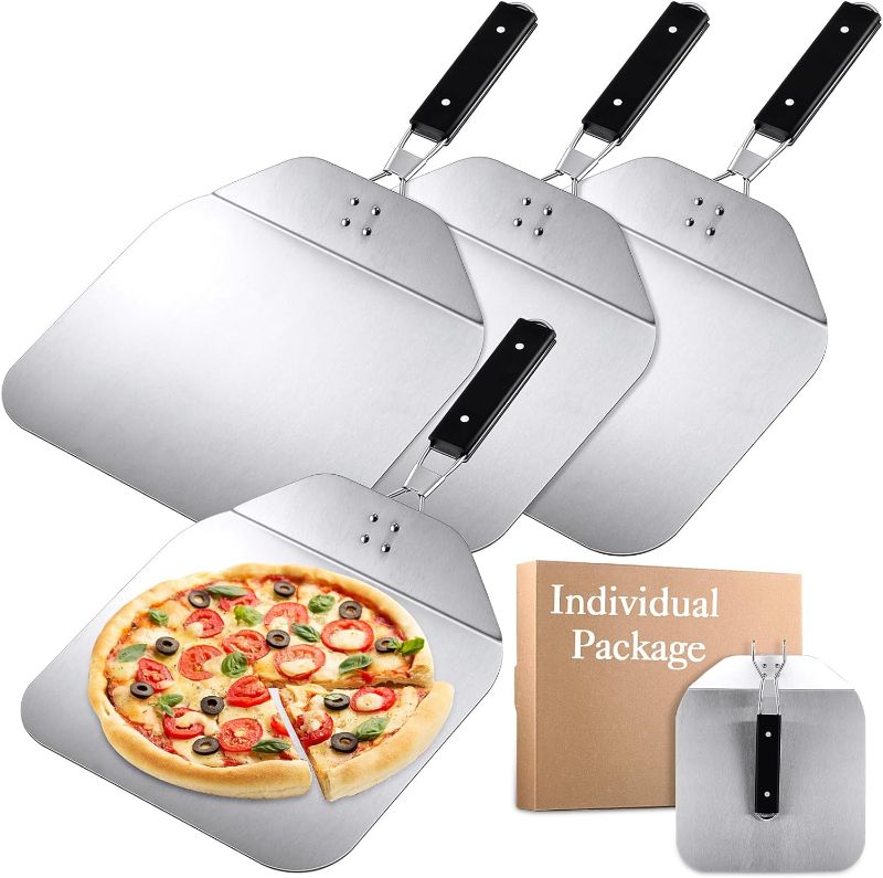 Photo 1 of Sliner 4 Pcs Stainless Steel Pizza Peel with Foldable Plastic Handle Pizza Paddle 12 Inch Pizza Peel for Baking Pizza Bread Restaurant Home Outdoor Pizza Oven Accessories