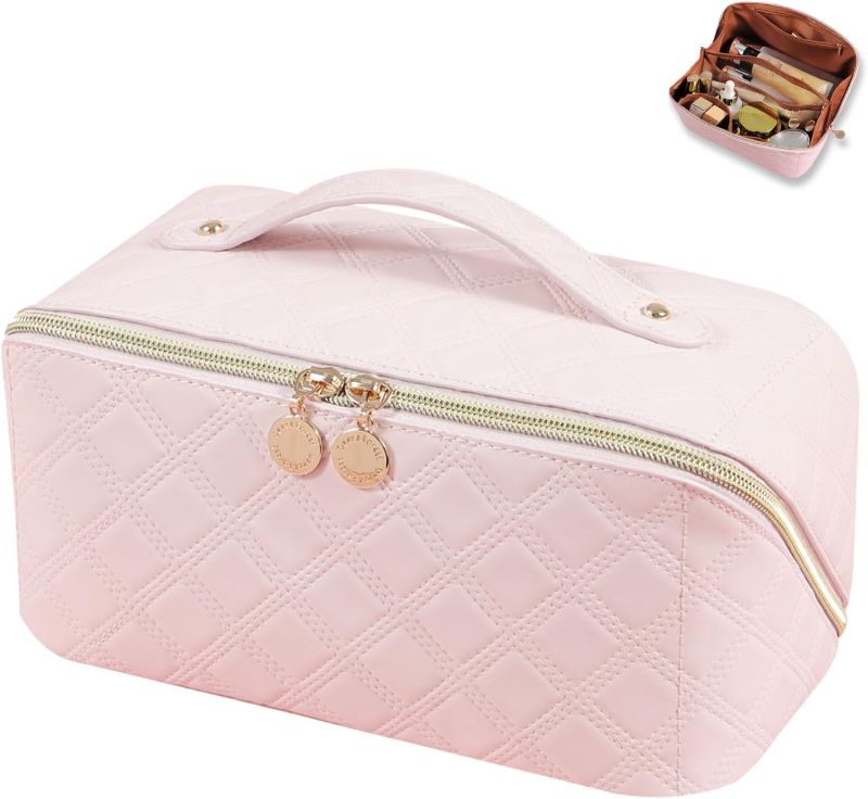 Photo 1 of Travel Makeup Bag Large Capacity Travel Cosmetic Bag PU Leather Makeup Bag Portable Makeup Bag Floral Water Resistant Cosmetic Bag for Women with Handle Beige Makeup Bag Pink 