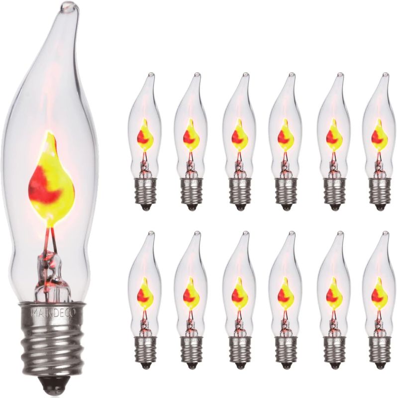 Photo 1 of MAINDECO 12 Pack Flicker Flame Light Bulbs, C18 Flame Shape Chandelier Bulb for Candles,Warm White Night Light Bulbs, 7 Watt, E12 Base