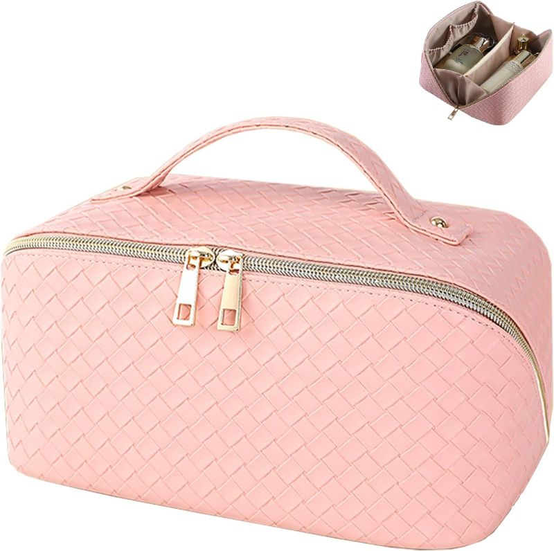 Photo 1 of  Make Up Bag Cosmetic Bag Large Capacity Bag PU Leather Waterproof Portable with Handle and Divider Multifunctional Bag Valentine's Day gift for Women (I-Pink)