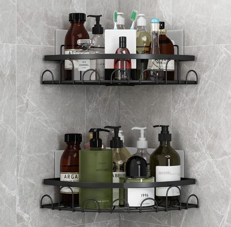 Photo 1 of KESOL Adhesive Corner Shower Caddy Shelf, 2 Pack - Bathroom Organizer with Hooks, No Drilling, SUS304 Stainless Steel Rustproof for Shampoo & Soap Storage, Apartment Essentials for Kitchen (Black)