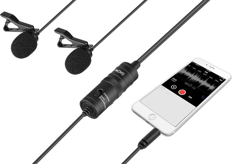 Photo 1 of Movo LV2 Dual Lavalier Microphone Set - Clip-on Omnidirectional Condenser Interview Microphone for Smartphones, Tablets, Cameras, Camcorders, and Recorders