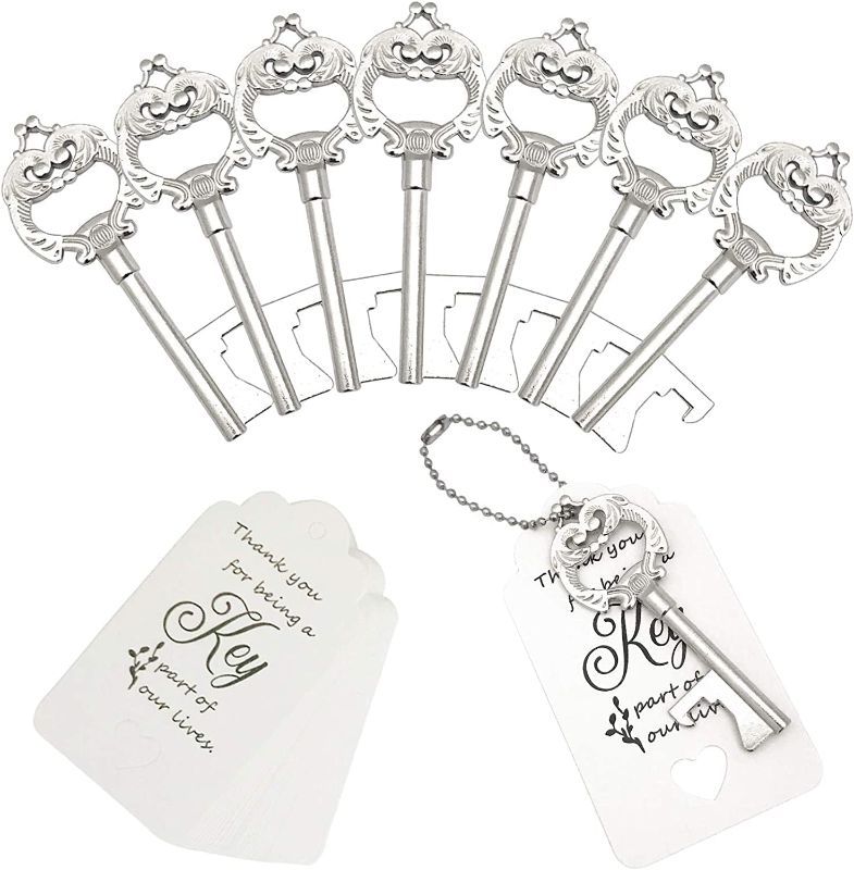 Photo 1 of WODEGIFT 100 pcs Wedding Favors Key Bottle Opener Necessary for Large Wedding, Wedding Gifts Skeleton Key Bottle Openers with Escort Tag Cards and Key Chains(Silver)