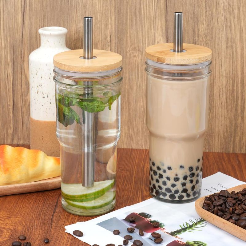 Photo 1 of Moretoes 2pcs 24oz Glass Cups with Lids and Straws, Glass Iced Coffee Cups Cute Travel Tumbler Cup, Drinking Jars Set Reusable Boba Bottle for Jumbo Smoothie, Cold Brew, Soda, Juice