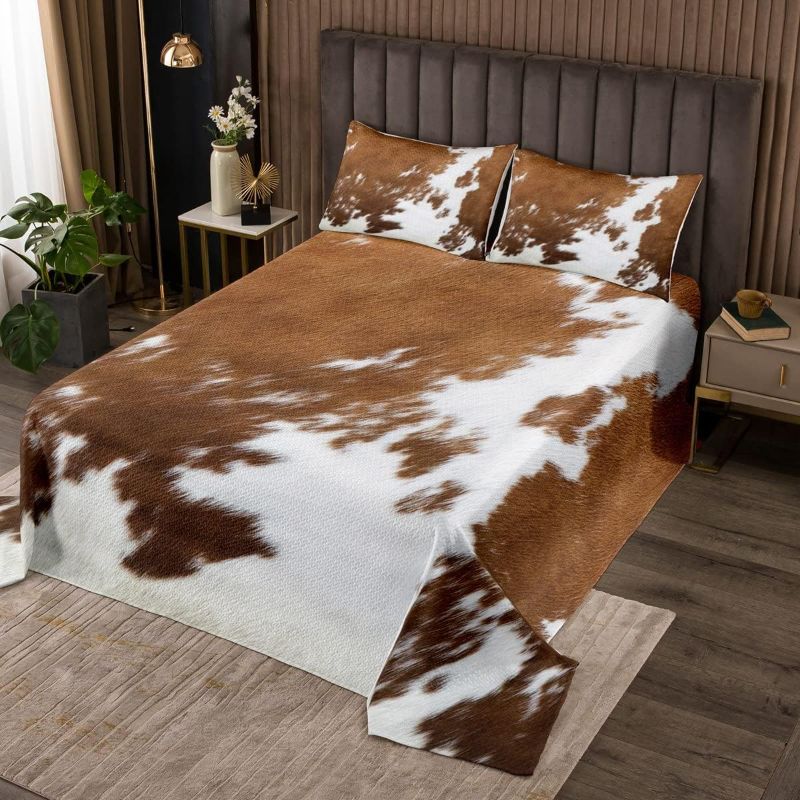 Photo 1 of jejeloiu Cow Fur Printed Bedspread Cowhide Pattern Quilted Coverlet for Kids Teens Farmhouse Coverlet Set Western Farm Animal Skin Brown White Quilted Room Decor Bedroom King Size