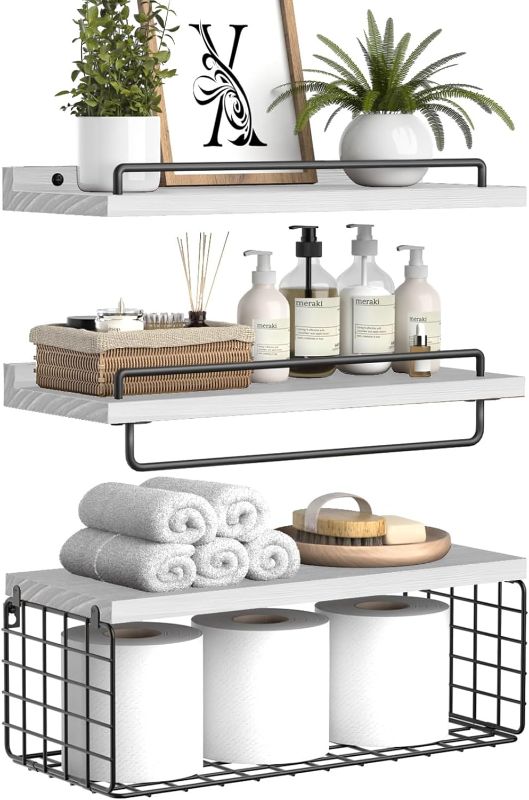 Photo 1 of RYOFOBETTO Bathroom Shelves, Floating Shelves Over Toilet Paper Holder, Wall Mounted Rustic Wood Storage Basket Shelves for Bedroom, Living Room & Kitchen, Set of 3 (Black and White)