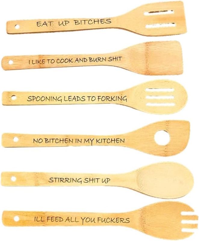 Photo 1 of Funny Wooden Spoon Set, Wooden ooking Spoons, Engraved Wooden Coffee Spoon with Funny Sayings, Personalized Wooden Spoons for Cooking, Bamboo Wooden Spoons Kitchen Utensils (6Pcs)
