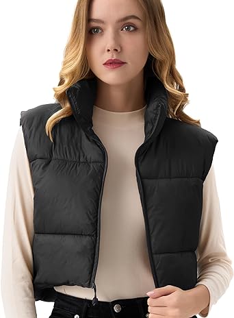 Photo 1 of ANAYSN Women's Cropped Puffer Vest Lightweight Sleeveless Warm Vests For Women Winter Stand Collar Padded Gilet M