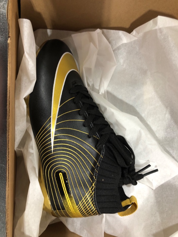 Photo 2 of Professional Grade Soccer Cleats - High-Top Unisex Football Boots with Golden Soled Spikes and Soles for Outdoor and Indoor Training and Athletic Performance 3 Narrow Black Gold