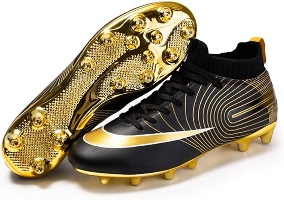 Photo 3 of Professional Grade Soccer Cleats - High-Top Unisex Football Boots with Golden Soled Spikes and Soles for Outdoor and Indoor Training and Athletic Performance 3 Narrow Black Gold