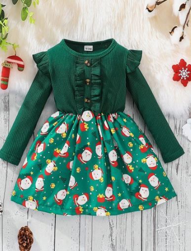 Photo 1 of Young Girl Christmas Print Ruffle Trim Dress