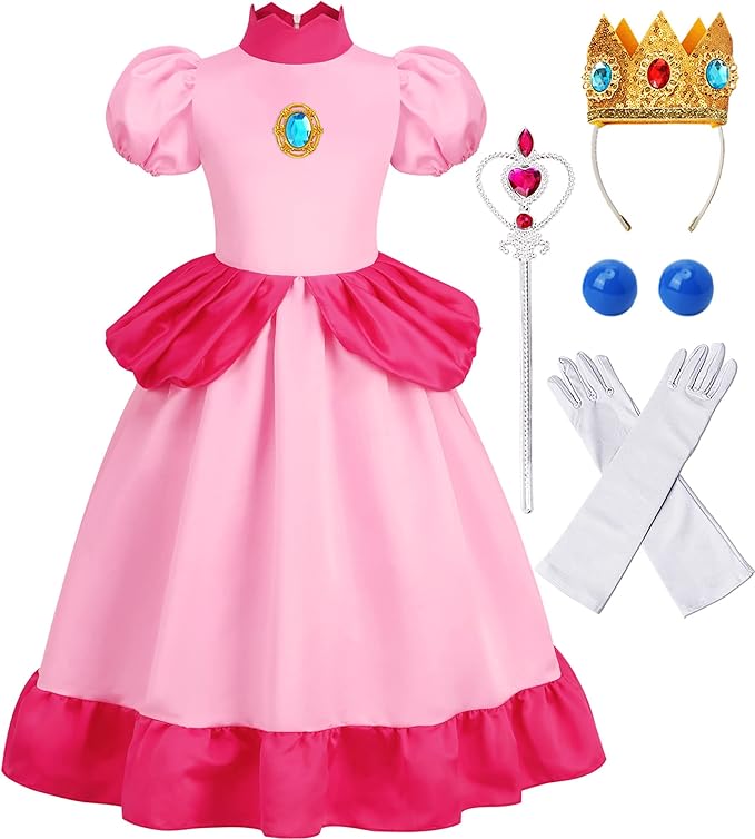 Photo 1 of CONGRU Princess Peach Costume for Girls, Super Brothers Kids Princess Peach Dress with Accessories Halloween Cosplay Dress Up SIZE 4-5 
