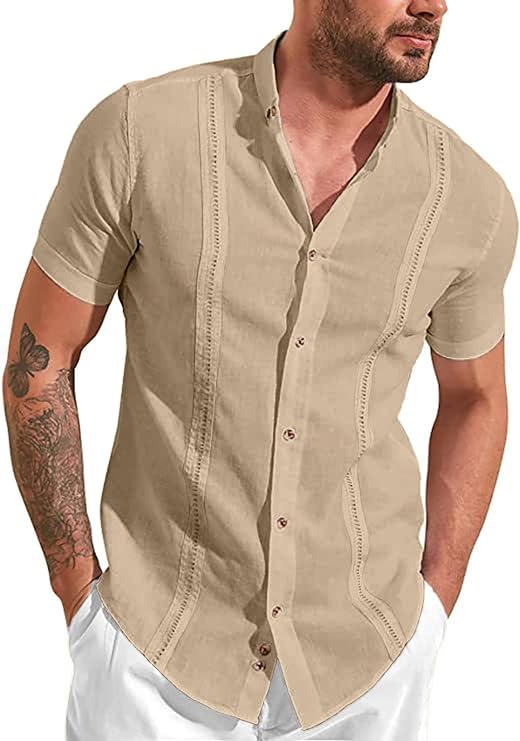 Photo 1 of JMIERR Mens Cuban Camp Guayabera Shirts Linen Casual Short Sleeve Button Down Shirt Band Collar Summer Beach Tops Linen Cotton Shrits, US48.5(2XL), A Khaki
