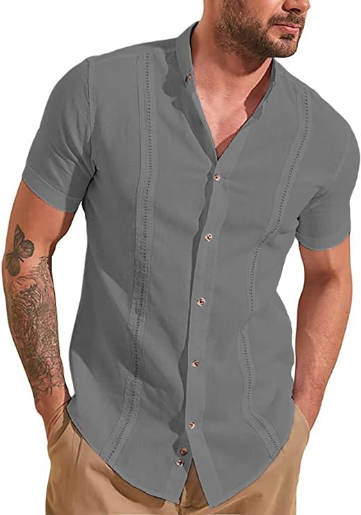 Photo 1 of JMIERR Mens Cuban Camp Guayabera Shirts Linen Casual Short Sleeve Button Down Shirt Band Collar Summer Beach Tops Linen Cotton Shrits, US37.5(S), A Gray
