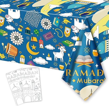 Photo 1 of 2PCS Ramadan Giant Coloring Poster/Tablecloth - Moon Star Latern Crafts for Kids - 108 x 54 Inch Jumbo Paper Coloring Table cover Kids Gifts Activities Toys Party Classroom Ramadan Spring Decorations
