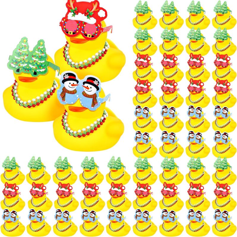 Photo 1 of 60 Pcs Christmas Ducks Bulk Rubber Small Jeeping Duckies with Glasses Bead Necklace Mini Holiday Duck Bath Toy for Christmas Party Decors New Year Carnival Party Supplies Rewards