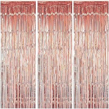 Photo 1 of 3 Packs 3.2ft x 6.6ft Rose Gold Metallic Tinsel Foil Fringe Curtains Photo Booth Props for Birthday Wedding Engagement Bridal Shower Baby Shower Bachelorette Holiday Celebration Party Decorations
