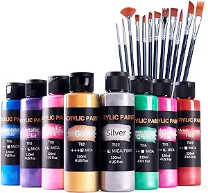 Photo 1 of Metallic Acrylic Paint Set with 12 Brushes, Metallic Acrylic Paint Sets with 8 Colors (120ml, 4oz), Acrylic Paint Set for Artists, Beginners on Rocks, Canvas, Wood, Fabric
