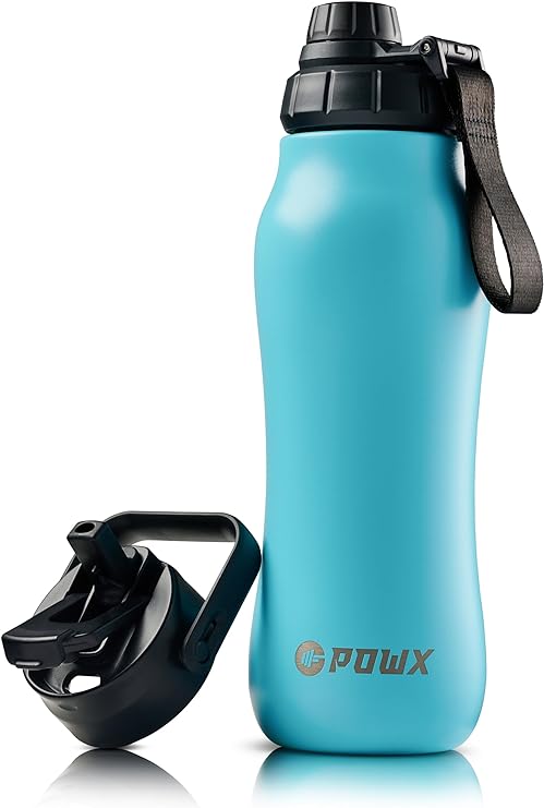 Photo 1 of Stainless Steel Water Bottle with Straw – 24 Oz. Sports Water Bottle Insulated for Hot & Cold Drinks – Spout Lid & 2-in-1 Straw & Sip Insulated Water Bottles Lid – Water Flask by PowX (Turquoise)

