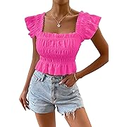 Photo 1 of Women's Square Neck Puff Sleeve Smocked Crop Tops Casual Ruched Bust Ruffle Blouse Tops