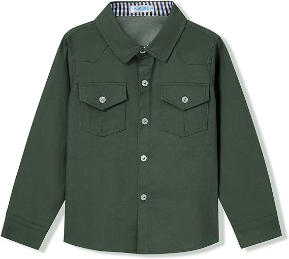 Photo 1 of Boys Long Sleeve Shirt with Chest Pockets Solid Casual Button-Down Collared Shirts Top for Kids 3-4T
