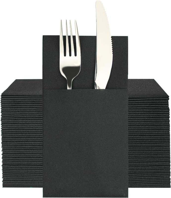 Photo 1 of PEACHICHA Disposable Dinner Napkins With Built-in Flatware Pocket Linen-Feel Wedding Napkins, Thick, Soft, Absorbent Party Napkins, Pack of 50,Black 