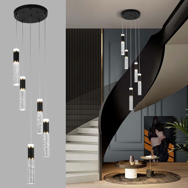 Photo 1 of XIYAZG Modern 5-Light Black and Gold Pendant Light Fixture, 3-Color LED Pendant Lighting Crystal Cord Adjustable Ceiling Hanging Lights for Stairway Living Room Dining Room 
