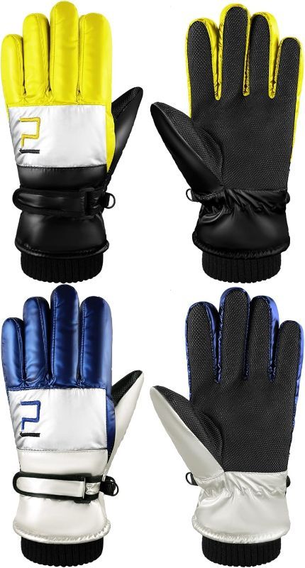 Photo 1 of 2 Pairs Winter Kids Ski Snow Gloves Snowboard Gloves Boys Girls Toddler Windproof Insulated Gloves with Hook and Loop for 6-13 Years Old Children Outdoor Sledding Cycling