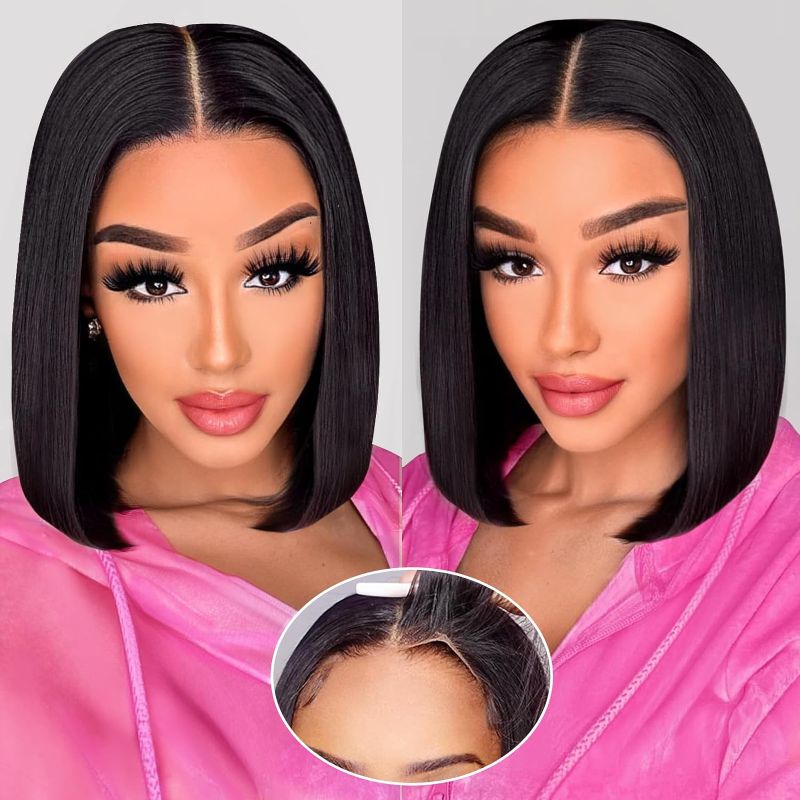 Photo 1 of Short Straight Bob Wigs Human Hair for Black Women 4x4 Closure Glueless Wigs Human Hair Pre Plucked Pre Cut HD Lace Front Wigs with Elastic Band for Beginners 12 Inch Put On and Go Wigs