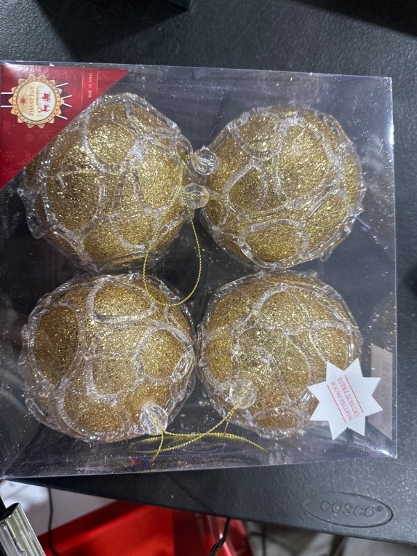 Photo 1 of ZHANYIGY 4.25" Christmas Ball Ornaments 4pc Set Gold Christmas Decorations Tree Balls for Xmas Trees Wedding Party Holiday Decorations Tabletop Small Trees Decoration