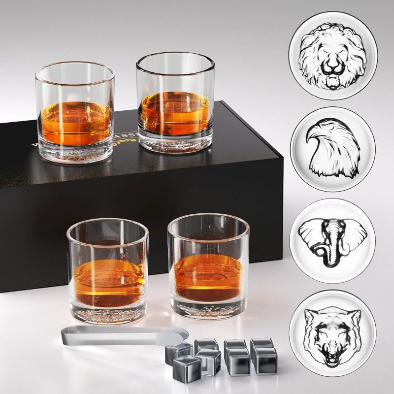Photo 1 of TEEFRO Whiskey Glasses Set of 4 With 8 Whiskey Stones,10 OZ Bourbon Whisky Glass Gift Box Carved with animals Lion/Wolf/Elephant/Eagle Pattern, Scotch Glass Sets for Men Christmas gift