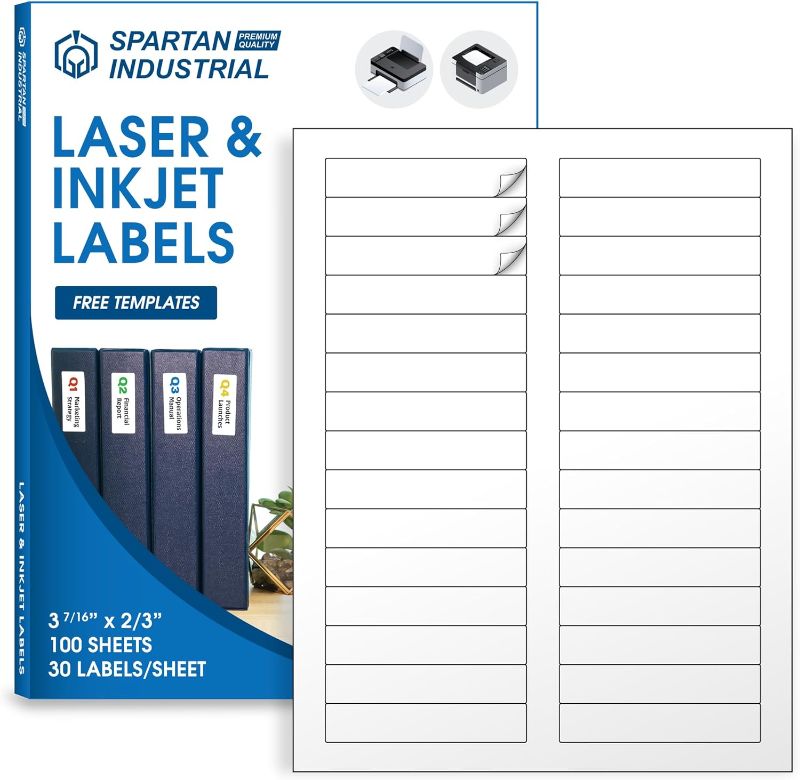 Photo 1 of Spartan Industrial Printable Laser and Inkjet Labels - 3 7/16" X 2/3" White File Folder Labels - 100 Sheets, 3000 Total Labels for Organizing, School Supplies, Mailing https://a.co/d/fsStfrR