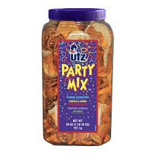 Photo 1 of Utz Party Mix - 26 Ounce Barrel - Tasty Snack Mix Includes Corn Tortillas, Nacho Tortillas, Pretzels, BBQ Corn Chips and Cheese Curls, Easy and Quick Party Snacks, Cholesterol Free and Trans-Fat Free BEST BY MAY 27 2024