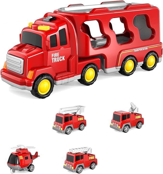 Photo 1 of Fire Truck Toys for 3 4 5 6 Years Old Boys Toddlers, 5 in 1 Kids Carrier Fire Trucks Cars for Toddler Boy Toys Birthday, Car Trucks Friction Power Toys with Light Sound
