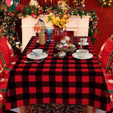 Photo 1 of Christmas Tablecloths Plaid Tablecloth Farmhouse Buffalo Checkered Table Cover for Christmas Thanksgiving Day Halloween Party Decorations (Black and Red Checkered, 56x84 inch)