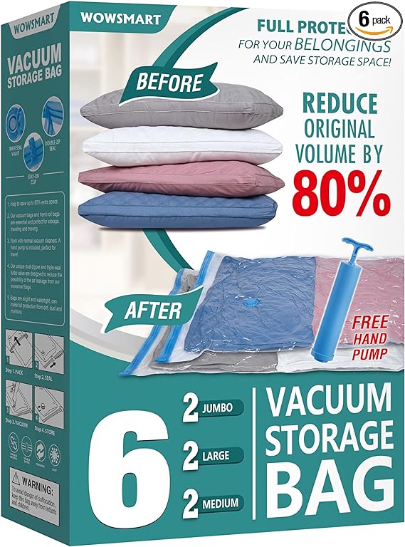 Photo 1 of 6 Space Saver Vacuum Storage Bags, Vacuum Sealed Storage Bags (2 Jumbo + 2 Large + 2 Medium) with Hand Pump, Vacuum Seal Bags for Clothing, Comforters, Pillows, Towel, Blanket Storage, Bedding
