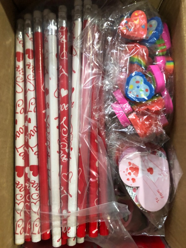 Photo 2 of 192pcs Valentine’s Day Gift for Kids Classroom, Valentines Pencils Goodie Bag Stuffers Stationery Exchange Gifts From Teacher to Student for Kids Classroom Supplies Erasers, Notepads, Rulers Style 2