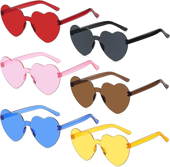 Photo 1 of AOMASTE 6 Peices Heart Sunglasses Rimless Transparent Heart Shaped Glasses Candy Color Eyewear for Women Party Favor
