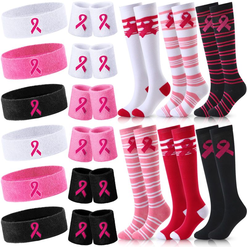 Photo 1 of 6 Sets Breast Cancer Awareness Accessories Include 6 Pcs Sweatband 6 Pair Breast Cancer Awareness Socks 6 Pair Pink Ribbon Wristbands for Women Breast Cancer Awareness Tennis Basketball Athletic