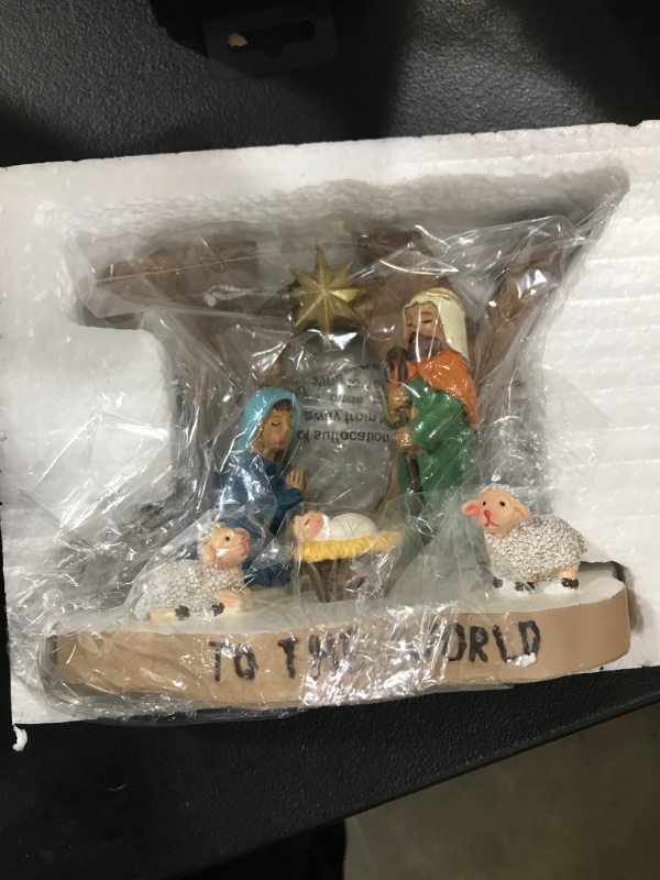 Photo 2 of Barydat Christmas Nativity Scene Figures Set Indoor Sculpted Joy Nativity Scene with Messages Resin Joy to the World Sign Religious Tabletop Nativity Scenes Gift for Home Xmas Party Holiday Decoration