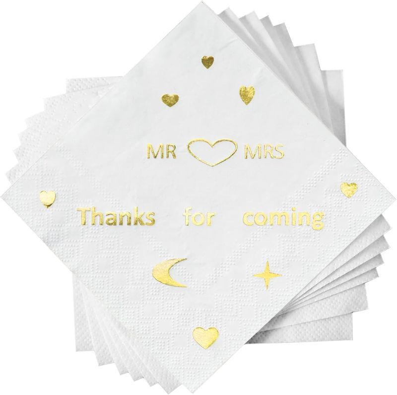 Photo 1 of 100pcs Mr & Mrs Wedding Napkins Disposable, 3 Ply Wedding Decoration Cocktail Napkins, Paper Napkins for Wedding Shower Party Decorations Supplies Engagement Napkins Beverage Napkins