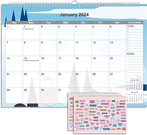Photo 1 of 2024 Calendar 12 Month Wall - 2024 Calendar Jan. - Dec. 12" x 17", Large Calendar with Calendar Stickers, Spiral Bound, Hanging Hook, Great for Planning and Organizing Your Home School Office Time
