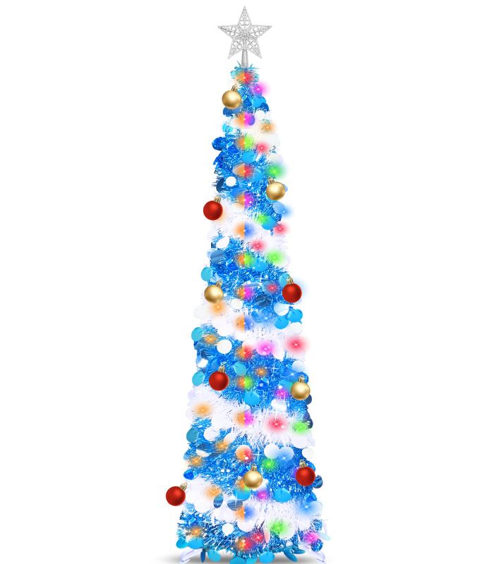 Photo 1 of [ Warm White & Multicolor Change Lights ] TURNMEON 5 Ft Tinsel Christmas Tree Timer Ball Ornaments Star Pop up Christmas Tree Battery Operated Sequin Holiday Xmas Decoration Indoor Home Party Supplies Blue & White