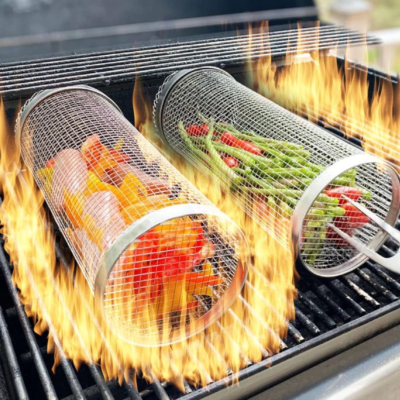 Photo 1 of 2 PCS 8 Inch Rolling Grilling Basket,304 Stainless Steel BBQ Net Tube for Fruits/Vegetables/Meatballs/Sausage/Fish,for Family Gatherings/Party/Camping/Picnic/Barbecue (2pcs-8inch no fork)