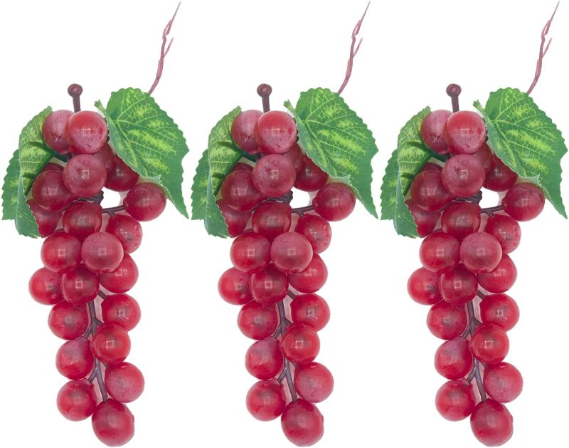 Photo 1 of 3 Bunches Artificial Grapes Fake Fruit, 6.1 Inch Decorative Fruit Lifelike Grapes for Craft, Plastic Fruit for Party Kitchen Pub Wedding Fall Harvest Farmhouse Photography Props (24 Grains Red)
