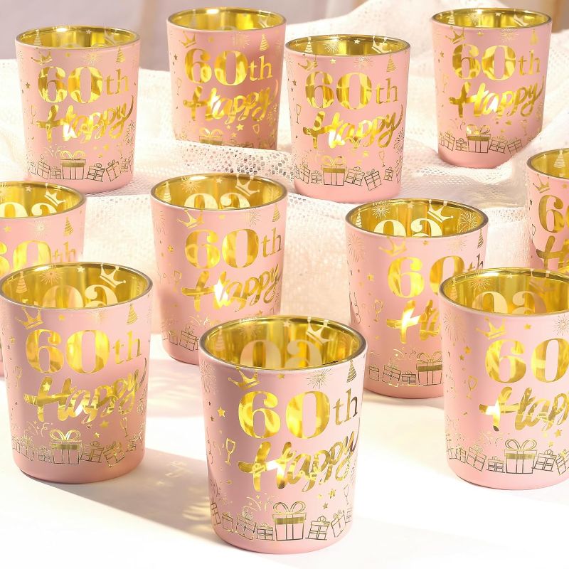 Photo 1 of 24pcs 60th Birthday Candle Holders Women, Happy 60 Birthday Decorations for Women Pink Votive Candle Holders for Sixty Years Old Birthday Party 60th Anniversary Decorations (Frosted Style)
